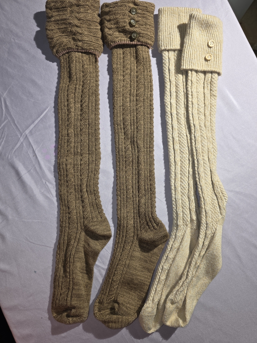Knit Over-the-Knee Cable Socks with Button Cuff - Brown & Cream